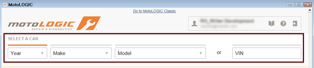 The MotoLOGIC window with the vehicle selection dropdown lists circled.