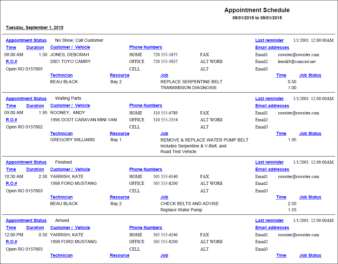 Appointment Schedule Report Sample