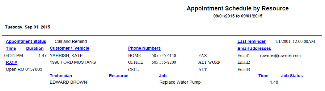 The Appointment Schedule by Resource report sample.