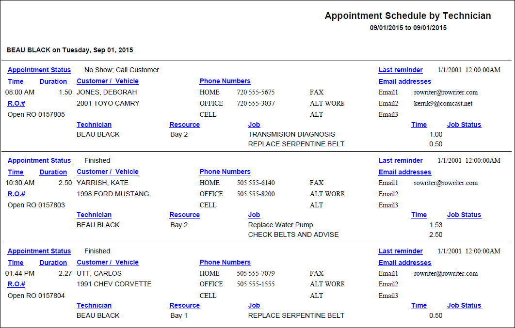 Appointment Schedule by Technician Report Sample