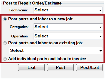 The posting options in the right column of the Posted Parts and Labor tab.