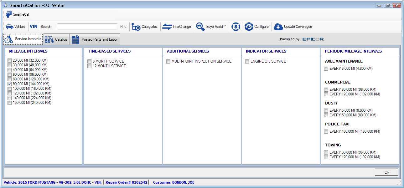 The Service Intervals tab displaying the service types available for the vehicle.