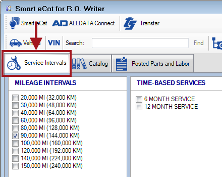 The Smart eCat window with the Service Interval tab circled.