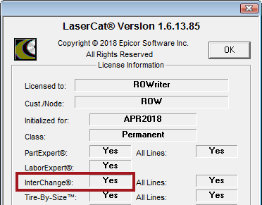 Interchange set to Yes on the Lasercat license window.