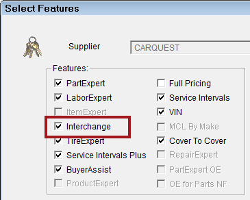 Epicor's Select Features window with Interchange selected.