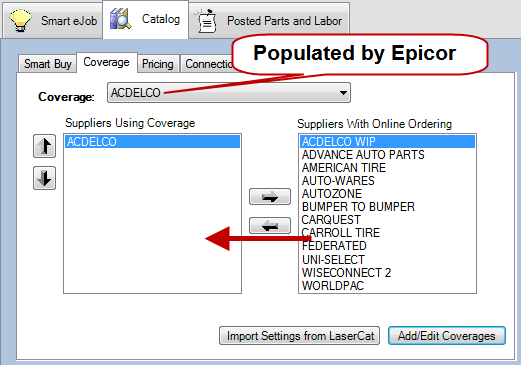 The Coverage tab pointing to the Coverage dropdown list populated by epicor.