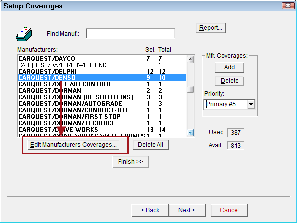 Epicor's Setup Coverages window with a line selected and pointing to the Edit Manufacturers Coverages button.