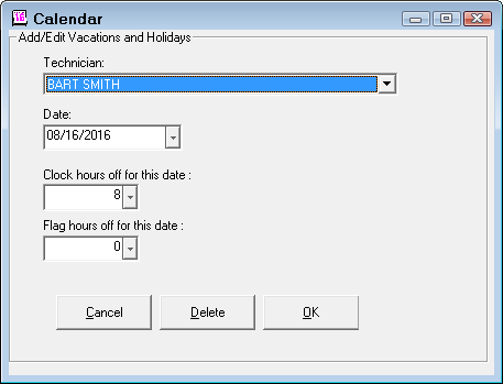 The Add/Edit Vacations and Holidays window.