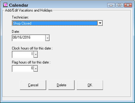 Shop Closed selected as the technician.