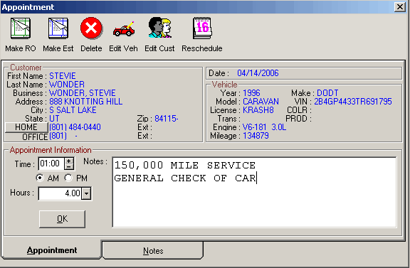 the new Appointment window.