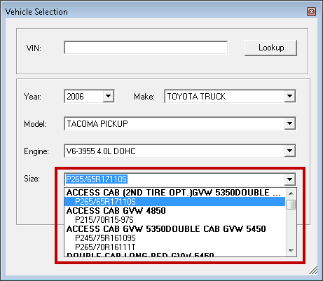 The Size field expanded on the Vehicle Selection window.