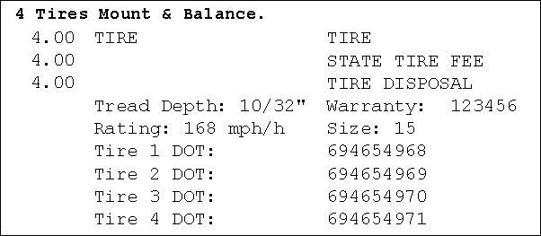 The tire area of printed documents showing completed tire information and DOT numbers.