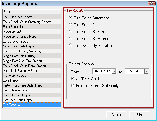 Tire Reports selected in Inventory Reports.