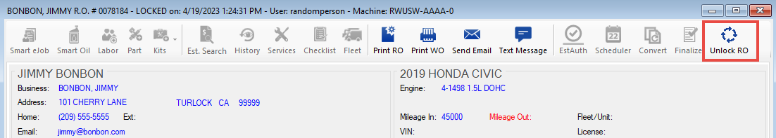 The top half of the Parts/Labor tab of a locked repair order with the Unlock RO icon circled.