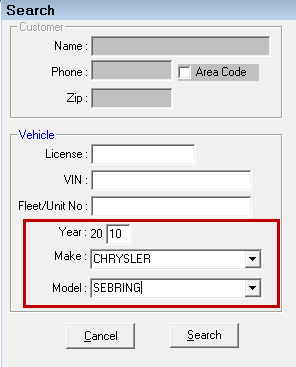 The Search window with the Year, Make, and Model entered.