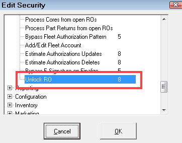 The Unlock RO entry with a security level set.