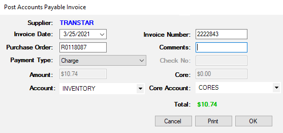 The post accounts payable invoice window for a transtar order.