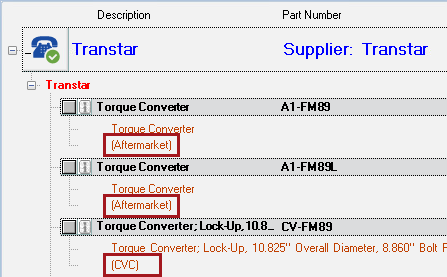 Part information from transtar under the part and in parentheses.