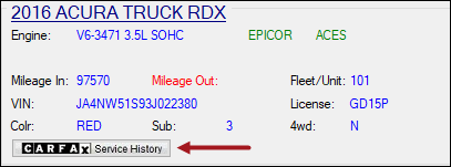 The vehicle section with an arrow pointing at the CARFAX Service History button.