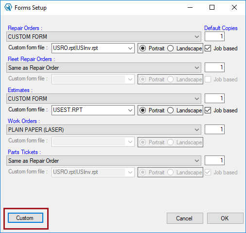 The Custom button circled on the Forms Setup window.
