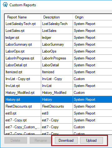 A system report selected and the Download and Upload buttons active.