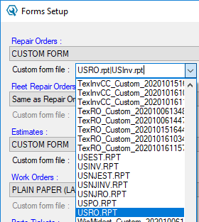 The custom form file dropdown list showing the custom forms in the database. 