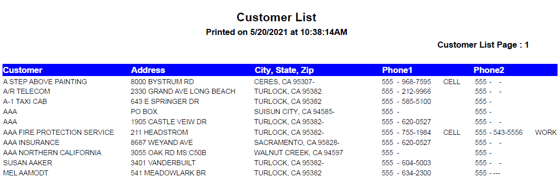 A sample of the customer list report. 