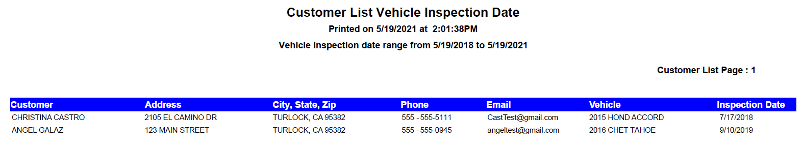 The Customer List Report by vehicle inspection date.