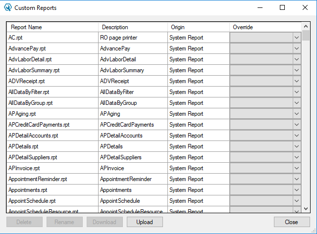 The Custom Reports window.