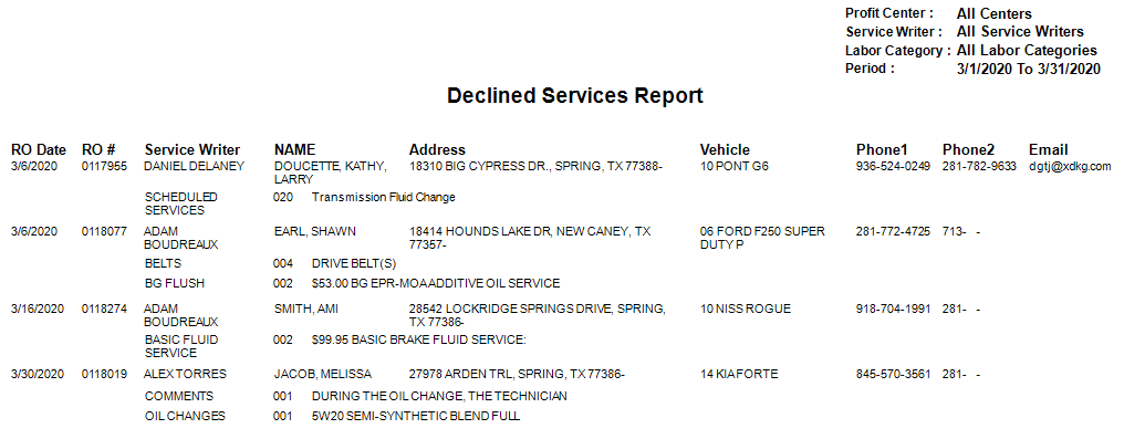 The Declined Services Report sample in the print preview window.