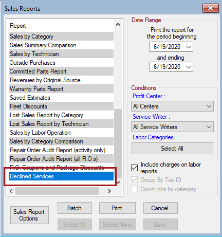 The Sales Reports window with Declined Services report selected.