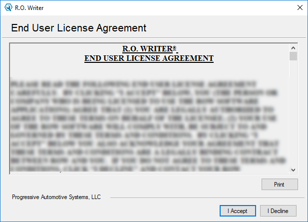 The new R.O. Writer End User License Agreement window.
