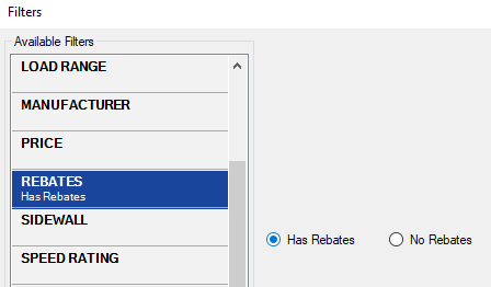 The Rebate filter for has rebates.