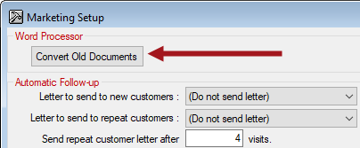 The Convert Old Documents button on the Marketing Setup window in 2.5 without the Basic and Advanced Word Processor options.