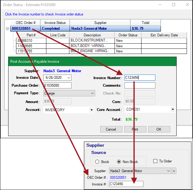 The invoice number different from the oec order number in the Supplier section.