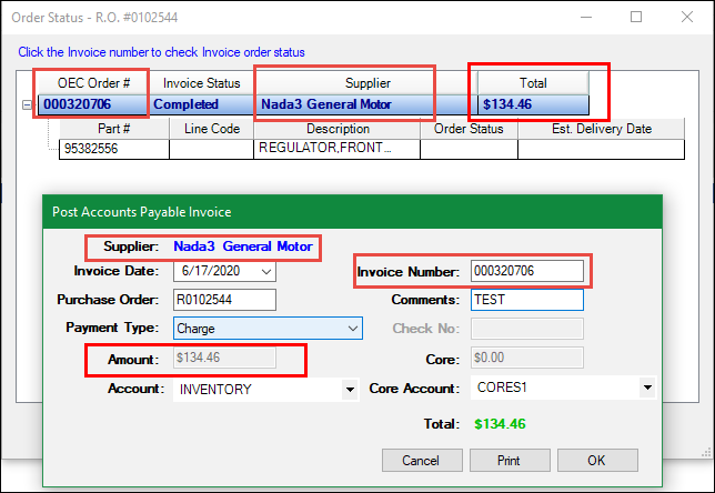 The Order Status window with the Post Accounts Payable window showing matching values.