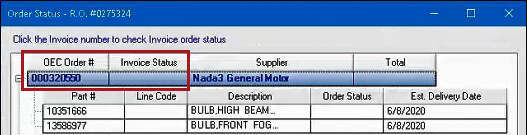 The Order Status window showing a part on order with a dealer.