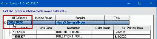 The OEC Order number as a link.
