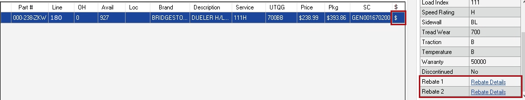 Tire with rebate selected in the list.