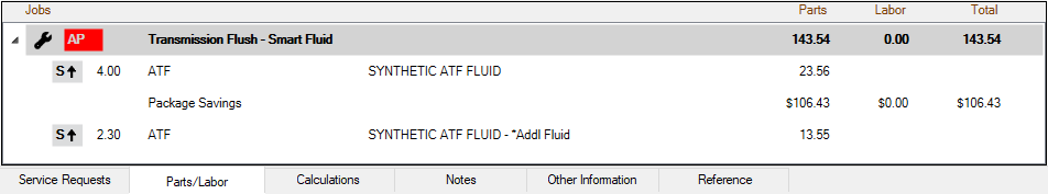 The smart fluid job posted to the open ticket. The job includes a part for additional fluid required by the vehicle.