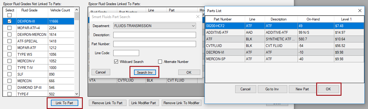 The search results on the Parts list over the Smart Fluids Part Search window with the fluid grade selected.