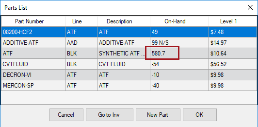 A stock part on the Parts List with the on-hand quantity.