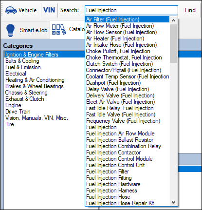 The dropdown list expanded from the Search box.