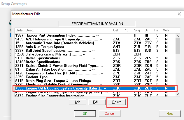 The liters entry seleted and Delete button circled.