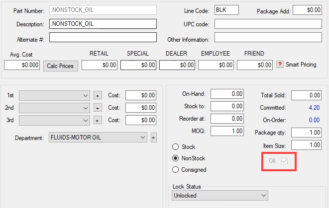 Recommended non-stock oil part settings on the General Information tab.