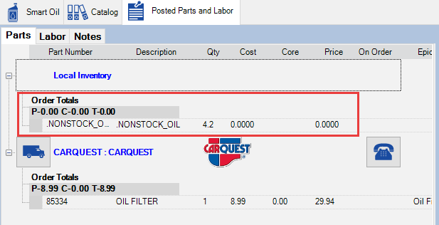The nonstock part on the Posted Parts and Labor tab.