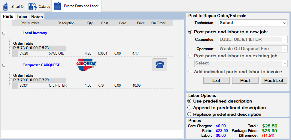 The full Posted Parts and Labor tab.
