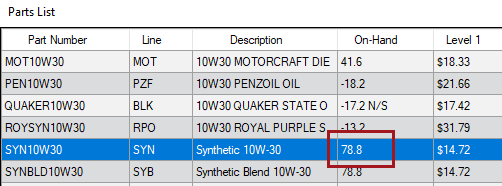 A stock part on the Parts List with the on-hand quantity.