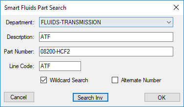 Part selected on the Smart Fluids Part Search window.