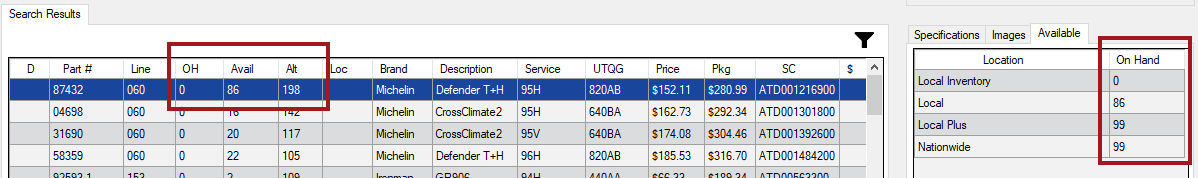 A selected tire has quantity in the Alt column and the Available tab showing. 
